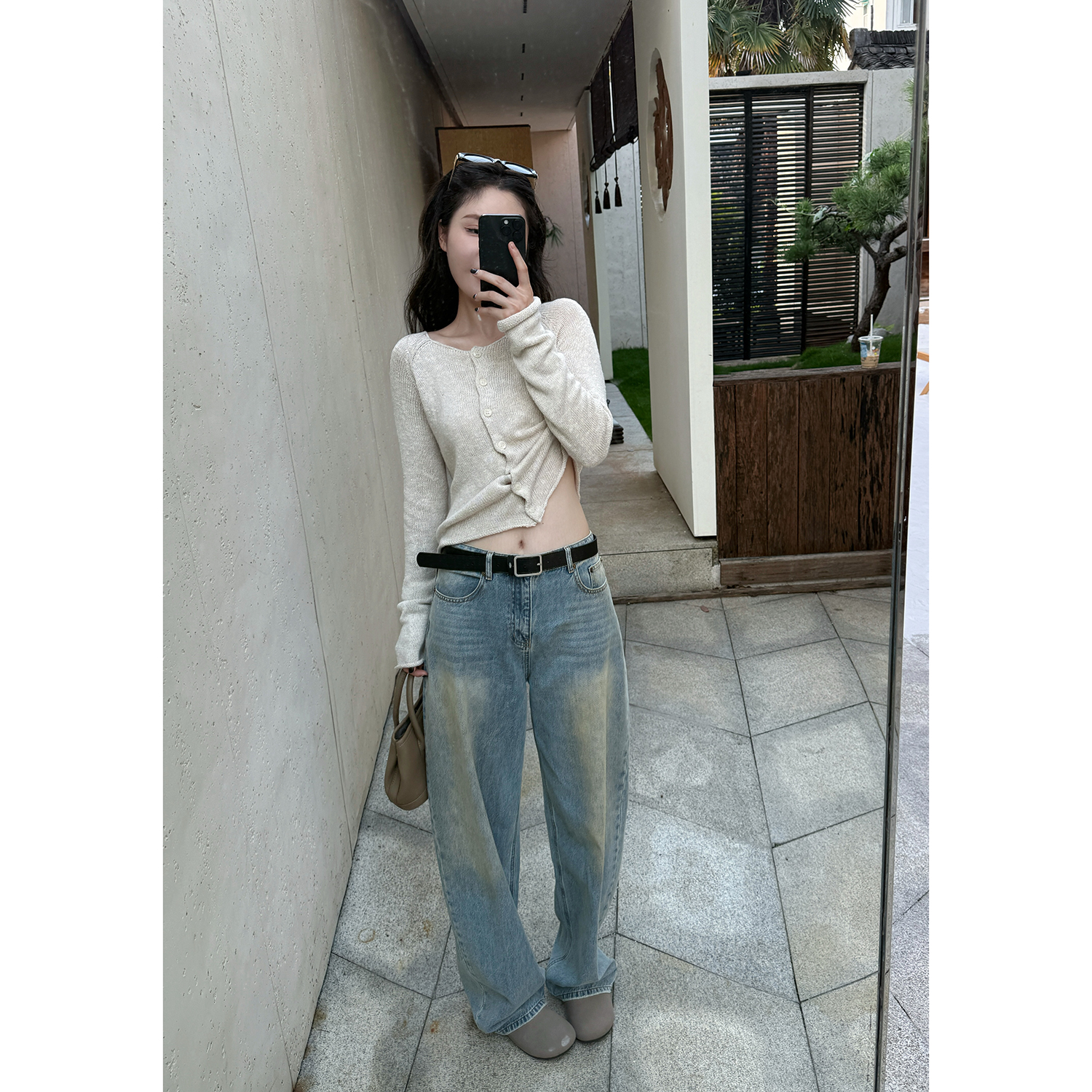 宽松水洗做旧牛仔裤休闲阔腿