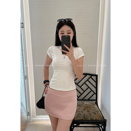 海洋纯色仿醋酸短半裙自带安全裤