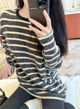 海盐奥利奥绒绒澳绒加厚慵懒宽松显瘦长袖条纹t恤女加绒长袖内搭