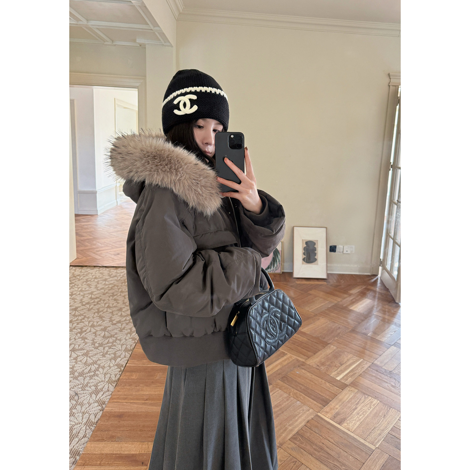 毛领连帽95白鸭绒派克羽绒服