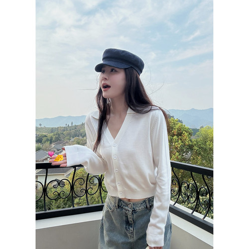 松弛fresh小翻领V口针织薄开衫