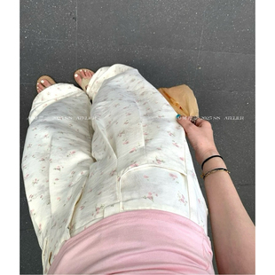 夏季休闲薄百搭修身花朵扎染阔腿裤长裤女裤子女款夏白色裤子薄款