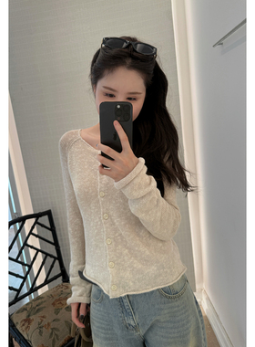 康宝莱亚麻蚕丝卷边开衫圆领轻薄慵懒松弛感短款针织上衣AFM定制