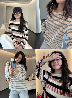 miu系美学复古慵懒条纹圆领长袖T恤女秋宽松上衣休闲百搭AFM定制
