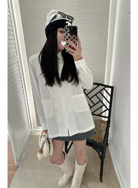 人鱼 MIU系少女娃娃领A版秋季新款简约中长衬衫外套女