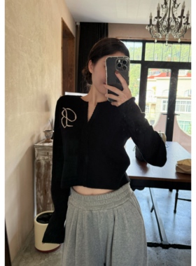 巴曼嵌花黑色修身显瘦简约设计感花边短款针织开衫外套秋AFM定制