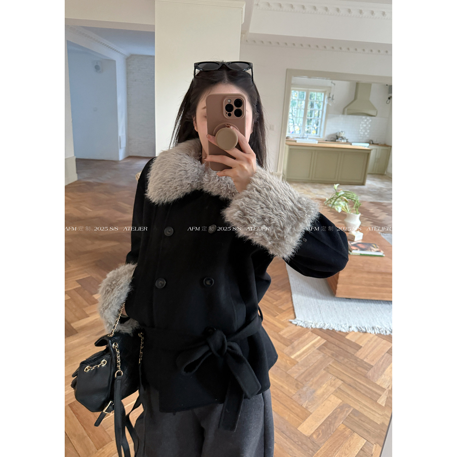 羊毛双面呢飘带帽子手套组