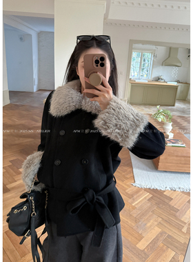 人鱼 韩系高级感羊毛双面呢外套大衣飘带羊绒黑色大衣短款AFM定制