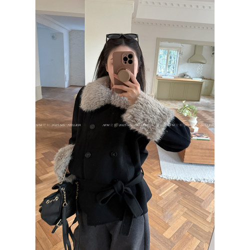 羊毛双面呢飘带帽子手套组