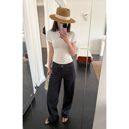 斜门襟三色原牛色直筒裤牛仔裤