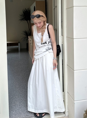 清爽一夏 棉感白色半裙 双长度版本夏季a字中长款休闲裙子半身裙