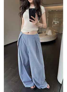 夏日空气感 垂垂雾蓝格休闲裤女春夏百搭宽松显瘦阔腿裤透气速干