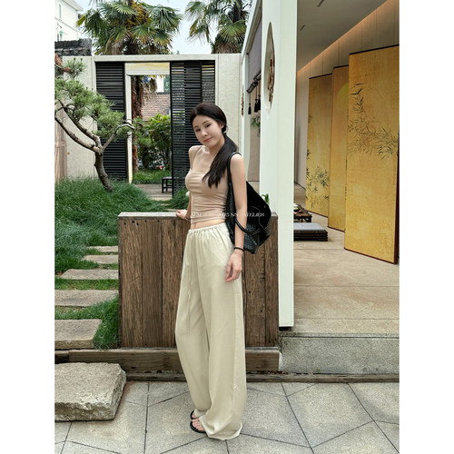 直筒垂垂裤天丝亚麻轻薄松紧腰