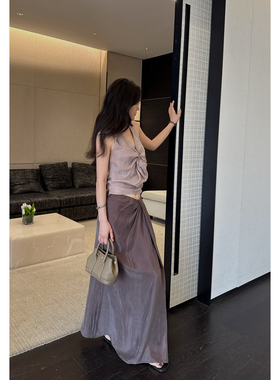 定染棕咖 铜氨丝叠褶设计感气质显白亲肤垂坠感直筒半身长裙女夏