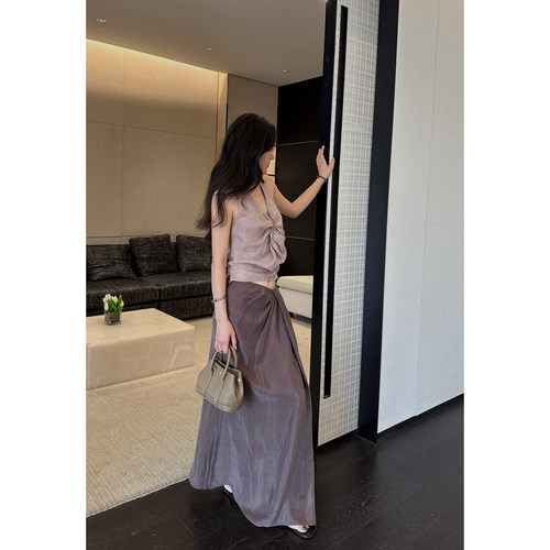 定染棕咖铜氨丝叠褶半裙