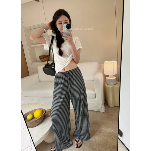 汤水轻松裤条纹抽绳裤通勤宽松