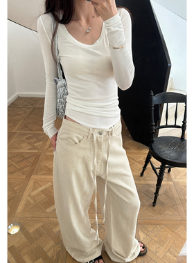 AFM亚麻裤子女夏薄款慵懒松弛棉麻抽绳裤休闲百搭长裤白色阔腿裤