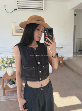 人鱼_雅痞丹宁复古小香风原色白色牛仔马甲背心上衣无袖上衣夏