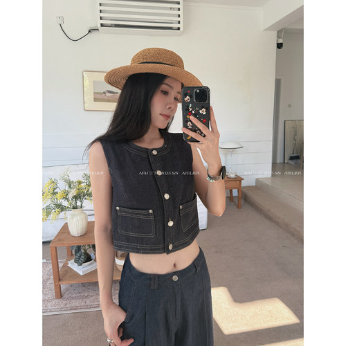 复古小香风原色白色牛仔马甲背心