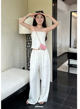 人鱼_亚麻阔腿裤休闲裤女夏季老钱风抹胸拖地裤套装白色裤子AFM