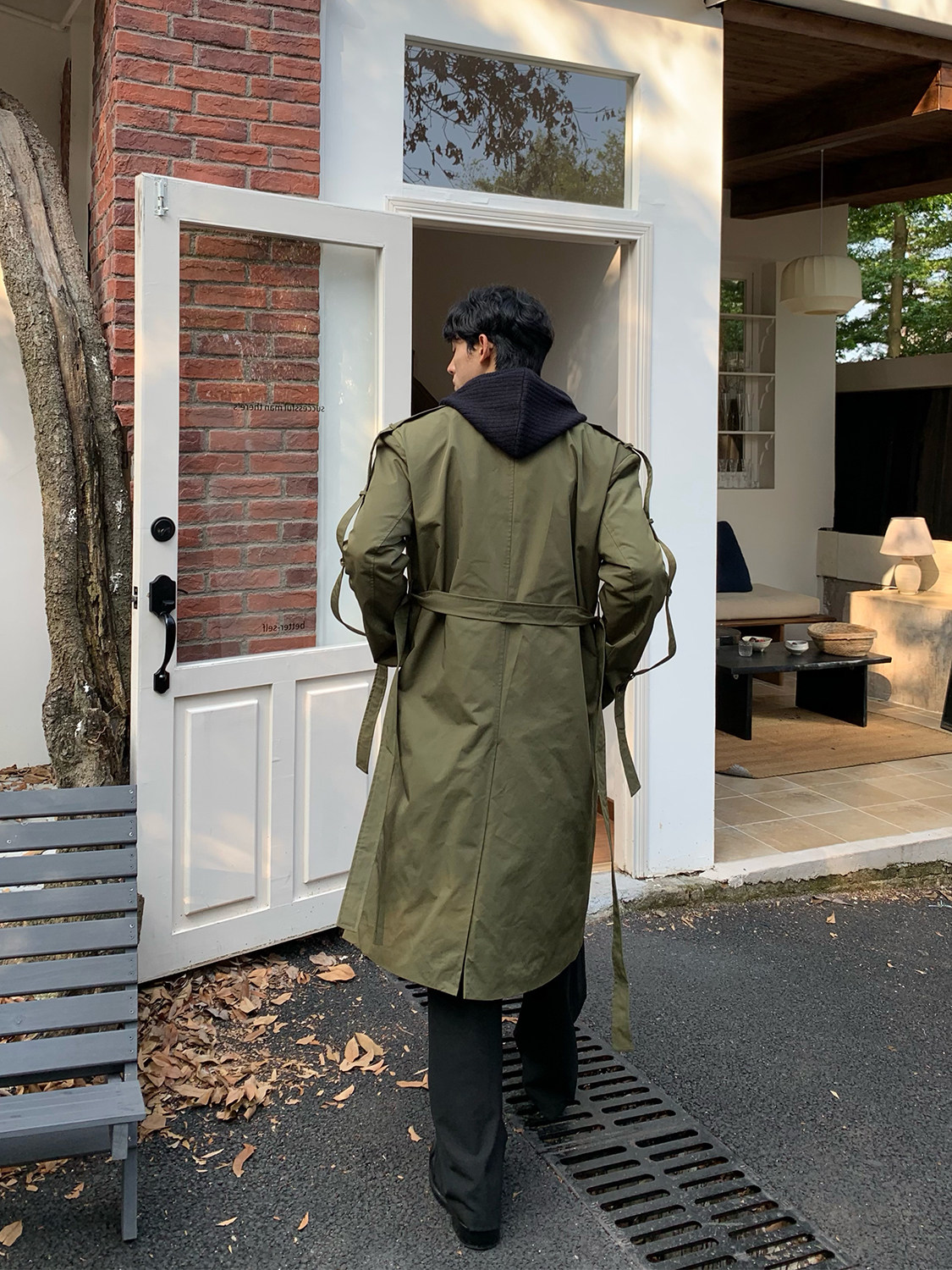 CUIBUJU KOREAN VERSION OF THE TRENDY SILHOUETTE SHOULDER TIE DESIGN VERSATILE MIDI COAT HIGH STREET LOOSE WINDBREAKER