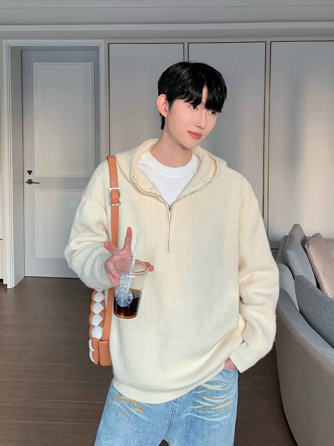 CUIBUJU KOREAN VERSION HOODED ZIPPER DESIGN KNITTED CARDIGAN MENS LOOSE CASUAL VERSATILE SOLID COLOR SWEATER JACKET TIDE