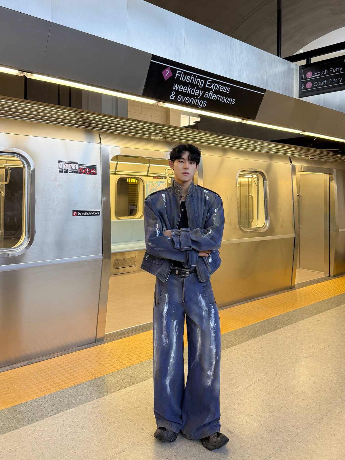 CUIBUJU KOREAN DISTRESSED PAINT BRUSH BIG POCKET STAND COLLAR DENIM JACKET HIGH STREET MOP JEANS SET