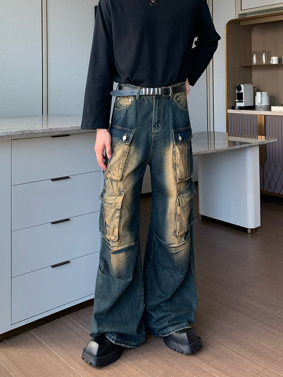 CUIBUJU HEAVY INDUSTRY MULTI-POCKET WASTELAND CARGO JEANS MENS STRAIGHT LEG VERSATILE LOOSE DESIGN SENSE WIDE-LEG TROUSERS