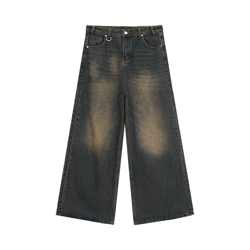 thumbnail for Cuibuju niche frayed vintage washed straight jeans men's loose versatile wide-leg mop trousers