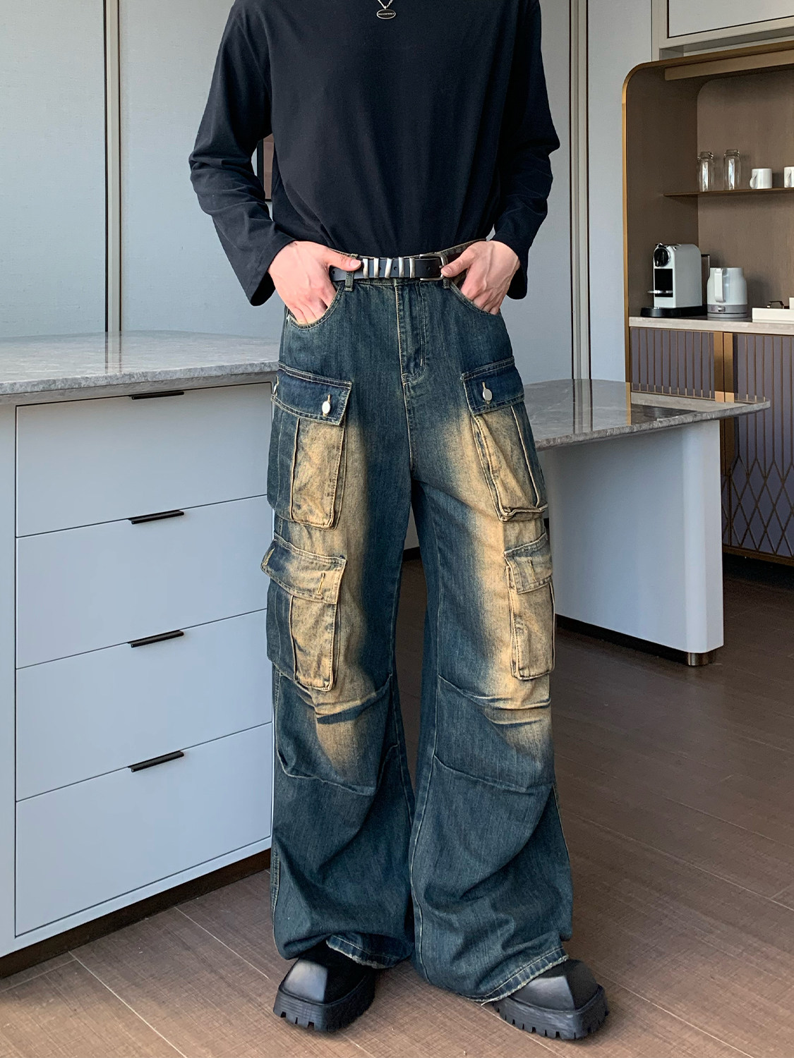 CUIBUJU HEAVY INDUSTRY MULTI-POCKET WASTELAND CARGO JEANS MENS STRAIGHT LEG VERSATILE LOOSE DESIGN SENSE WIDE-LEG TROUSERS