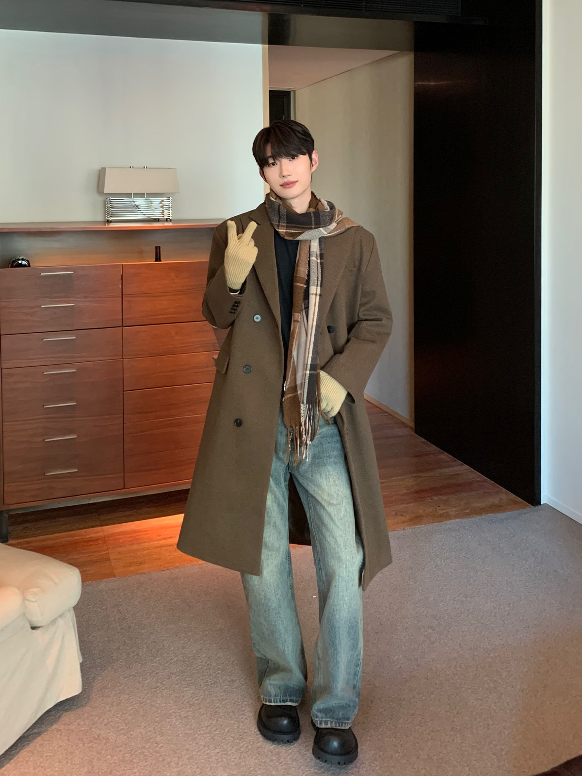 CUIBUJU KOREAN VERSION OF THE SENSE OF LUXURY OLD MONEY STYLE LAPEL WOOL SHOULDER PAD LONG WINDBREAKER JACKET CASUAL COAT MEN