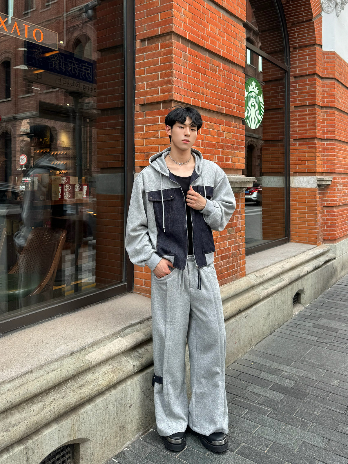 CUIBUJU TRENDY STREET CONTRAST DENIM PATCHWORK HOODED JACKET JACKET HANDSOME FRIED STREET SLACKS SUIT MEN