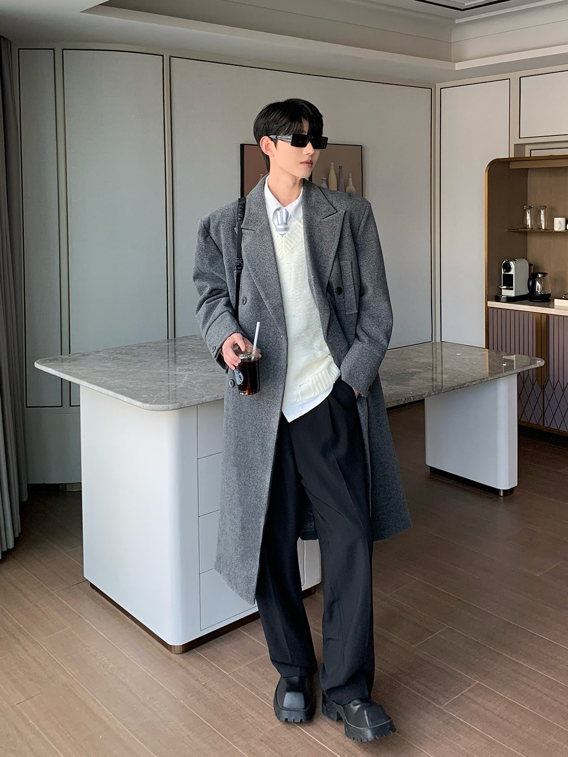 CUIBUJU NICHE DECONSTRUCTED DESIGN PADDED SHOULDER WOOLEN COAT MENS AUTUMN AND WINTER KOREAN LONG OVER-THE-KNEE TRENCH COAT