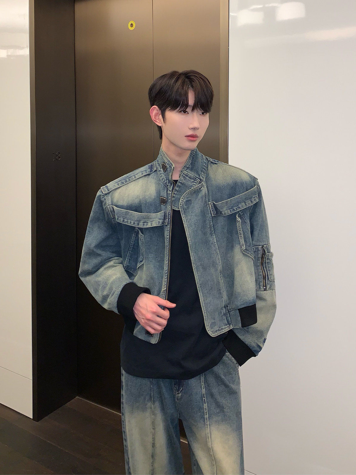 CUIBUJU 한국식 디스트레스드 스탠드 칼라 디자인 데님 재킷 재킷 인기 루즈한 바닥 길이 청바지 정장