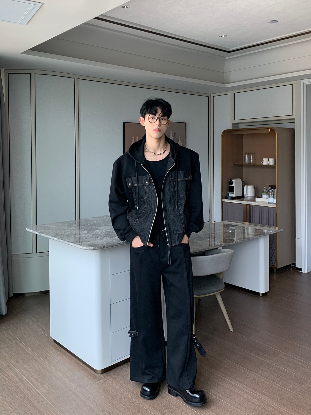 CUIBUJU TRENDY STREET CONTRAST DENIM PATCHWORK HOODED JACKET JACKET HANDSOME FRIED STREET SLACKS SUIT MEN