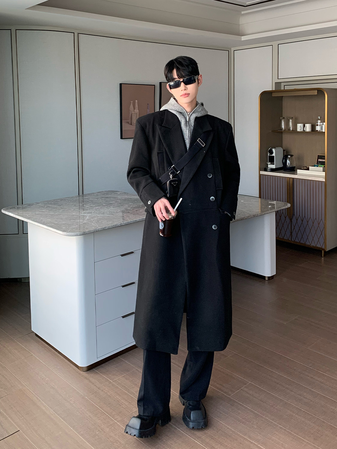CUIBUJU NICHE DECONSTRUCTED DESIGN PADDED SHOULDER WOOLEN COAT MENS AUTUMN AND WINTER KOREAN LONG OVER-THE-KNEE TRENCH COAT