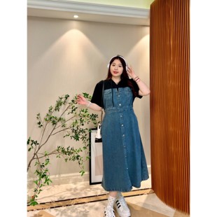 肉卷家微胖大码女装连帽甜酷休闲显瘦A字牛仔撞色拼接收腰连衣裙