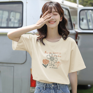 即墨外贸夏季 柠檬黄上衣服 全棉短袖 t恤女洋气慵懒风宽松显瘦时尚