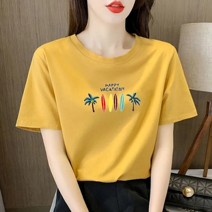 即墨夏季 简约宽松印花体恤上衣 100%纯棉透气圆领短袖 女慵懒风新款