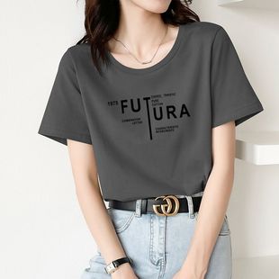 纯棉烟灰色短袖 休闲正肩全棉别致上衣服 T恤女百搭宽松闺蜜装 时尚