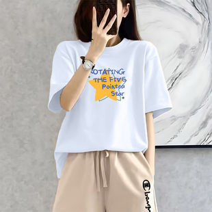 t恤女修身 100%纯棉正肩圆领短袖 设计感小众显瘦印花百搭女士上衣