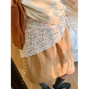 春夏白色镂空钩花三角巾屁帘连衣裙腰间配饰腰封头巾女叠穿系带式