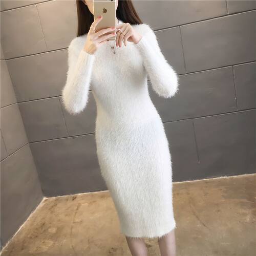 水貂绒毛衣女2024秋冬款遮肉修身针织连衣裙超长款配大衣过膝打底