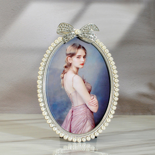 欧式 7寸金属珍珠蝴蝶结儿童像架 婚纱照片小摆台相框创意椭圆3