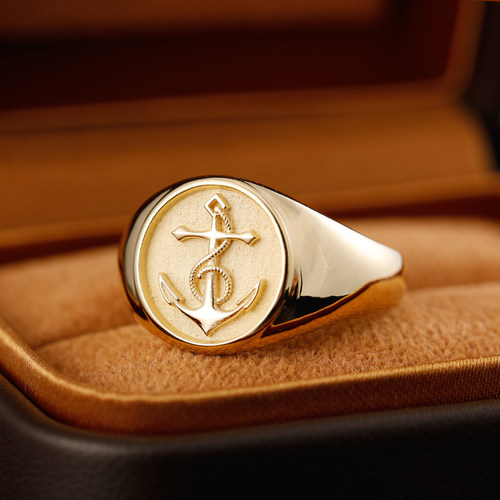 船锚徽章18K黄金男士轻奢戒指