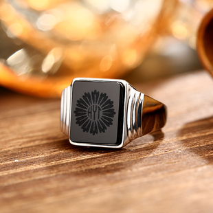 天然黑玛瑙雏菊徽章戒指18K黄金铂金欧美影视同款复古高级感男戒