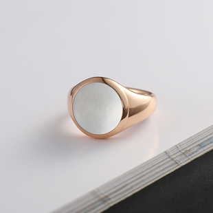 白贝母印章戒指 18K黄金玫瑰彩金白色天然珍珠母贝轻奢个性男女戒