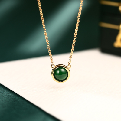 天然翡翠帝王绿蛋面吊坠18K黄金白金玫瑰彩金新中式女款轻奢项链