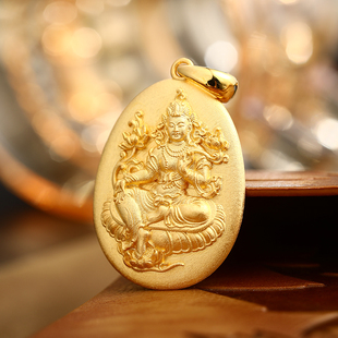 观音足金吊坠18K黄金铂金实心中式古法观世音菩萨绿度母男女项链