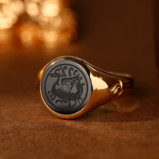 彩宝雕刻图案图章戒指18K黄金彩金铂金玉髓玛瑙绿松石男女戒定制